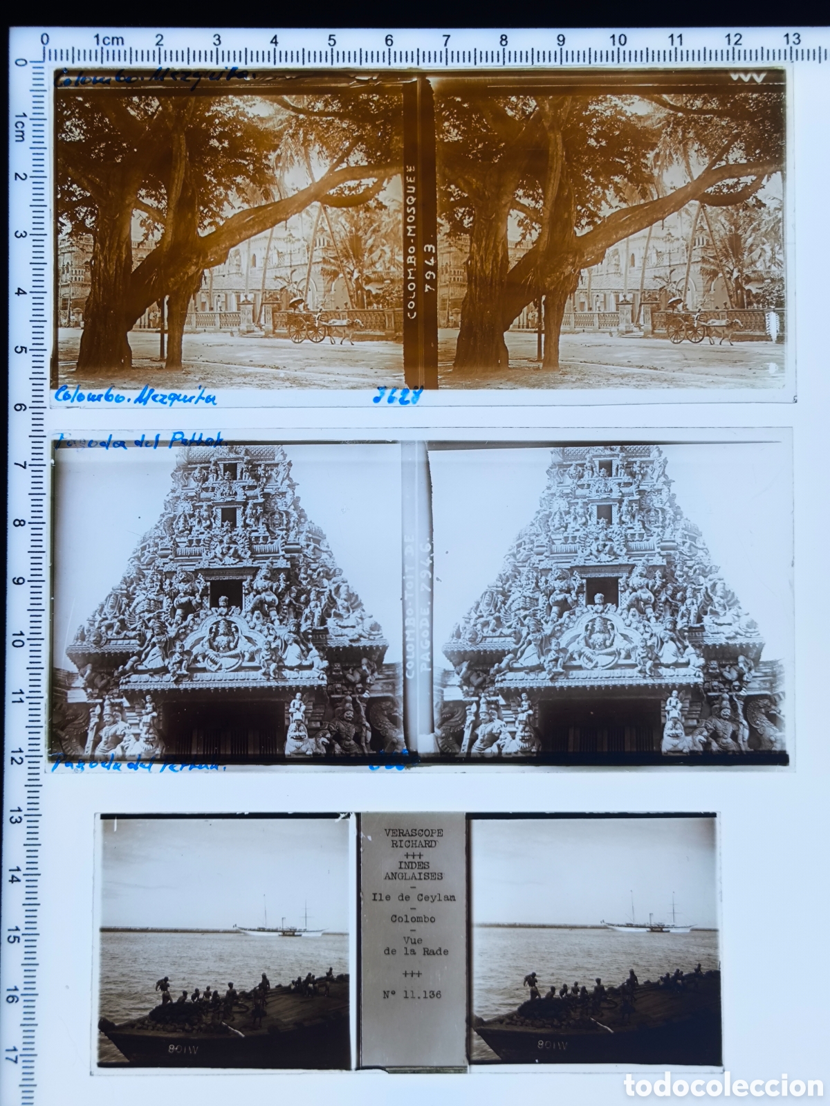 Fotograf&iacute;a antigua: Antiguas placas cristal vidrio estereosc&oacute;pico Mezquita Templo Hind&uacute; Rada Colombo Ceil&aacute;n Sri Lanka