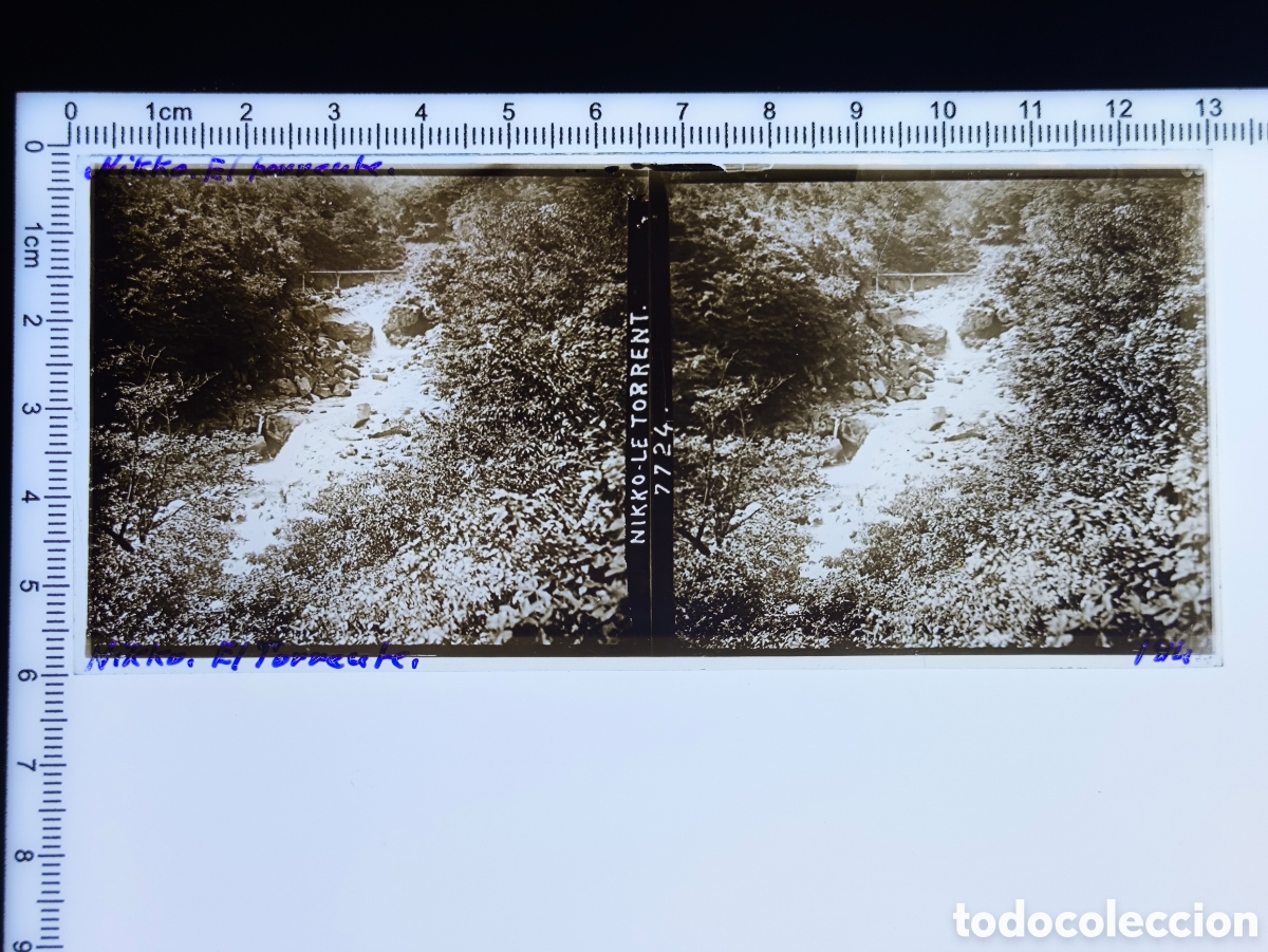 Fotograf&iacute;a antigua: Antigua placa cristal vidrio estereosc&oacute;pico torrente en Nikko Jap&oacute;n