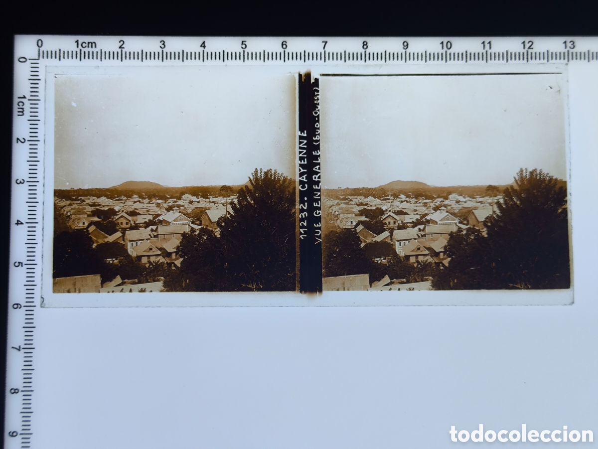 Fotograf&iacute;a antigua: Antigua placa cristal vidrio estereosc&oacute;pico Vista Panor&aacute;mica Cayenne Guayana Francesa Francia