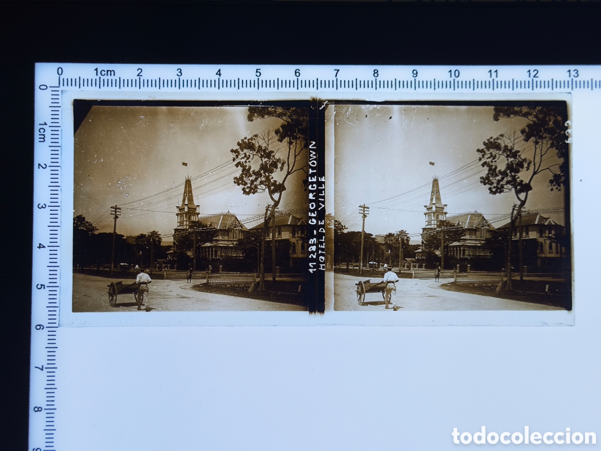 Fotograf&iacute;a antigua: Antigua placa cristal vidrio estereosc&oacute;pico Ayuntamiento de Georgetown Guayana Brit&aacute;nica Guyana