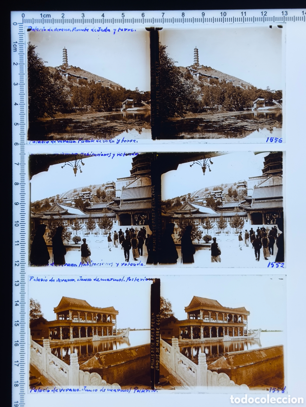Fotograf&iacute;a antigua: Antiguas placas cristal vidrio estereosc&oacute;pico Palacio de Verano Barco M&aacute;rmol Torre Jade Pek&iacute;n China