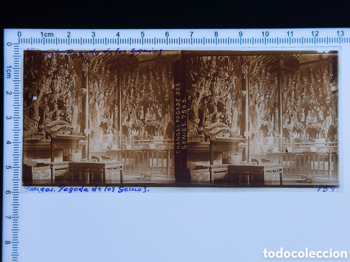 Fotograf&iacute;a antigua: Antigua placa cristal vidrio estereosc&oacute;pico Templo Pagoda de los Genios Shanghai China