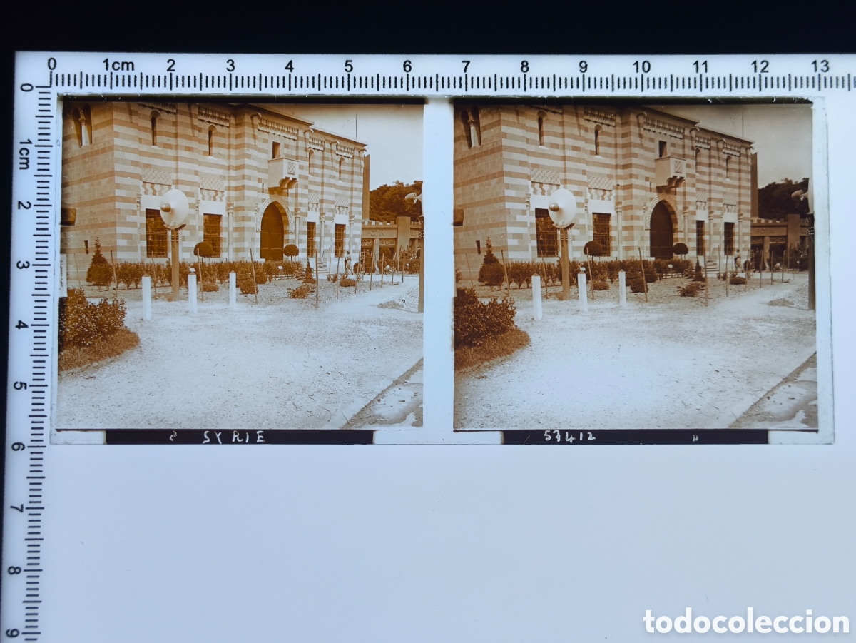 Fotograf&iacute;a antigua: Placa cristal vidrio estereosc&oacute;pico Pabell&oacute;n Siria Exposici&oacute;n Colonial Internacional Par&iacute;s 1931