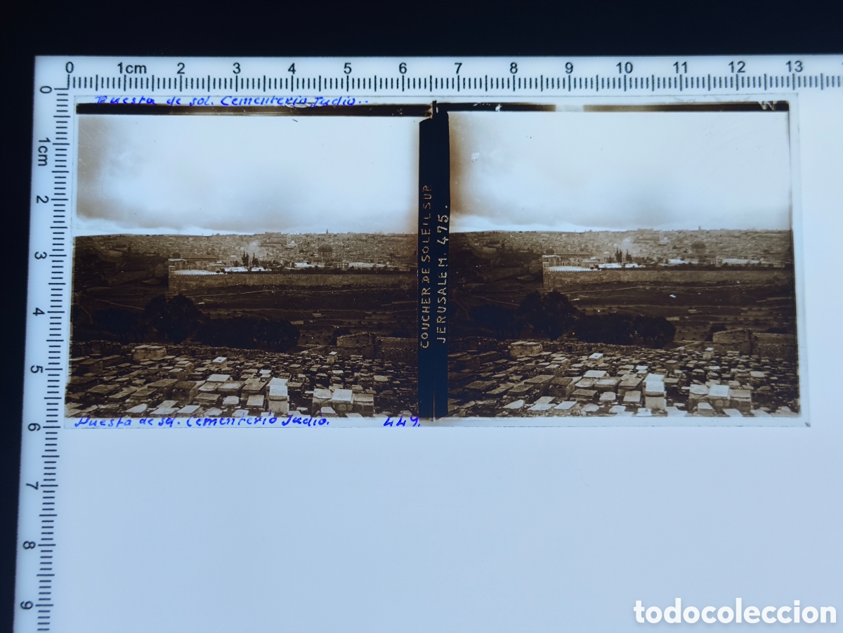 Fotograf&iacute;a antigua: Antigua placa cristal vidrio estereosc&oacute;pico Cementerio Jud&iacute;o Monte de los Olivos Jerusal&eacute;n Palestina