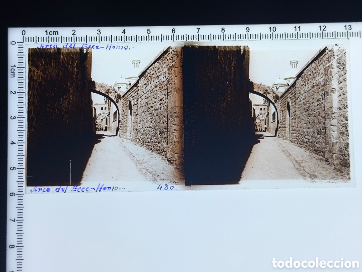 Fotograf&iacute;a antigua: Placa cristal vidrio estereosc&oacute;pico Arco Ecce Homo V&iacute;a Crucis V&iacute;a Dolorosa Jerusal&eacute;n Palestina