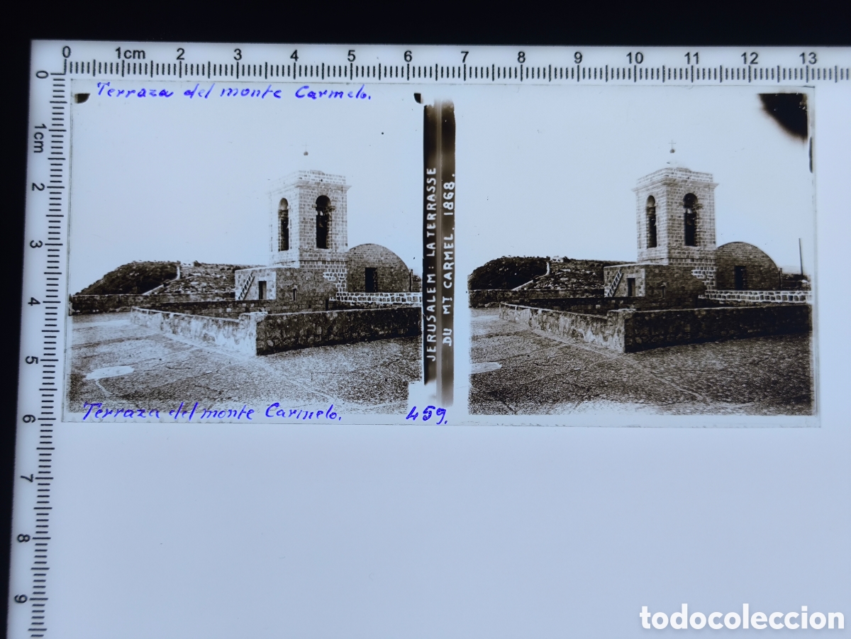 Fotograf&iacute;a antigua: Antigua placa cristal vidrio estereosc&oacute;pico Monasterio de Stella Maris Monte Carmelo Haifa Palestina