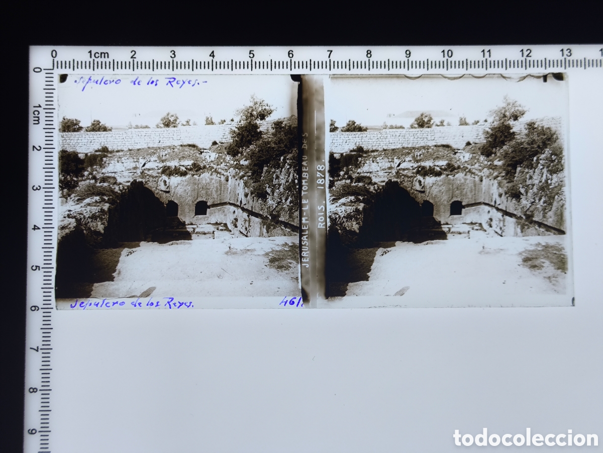 Fotograf&iacute;a antigua: Antigua placa cristal vidrio estereosc&oacute;pico Tumbas de los Reyes Dominio Franc&eacute;s Jerusal&eacute;n Palestina