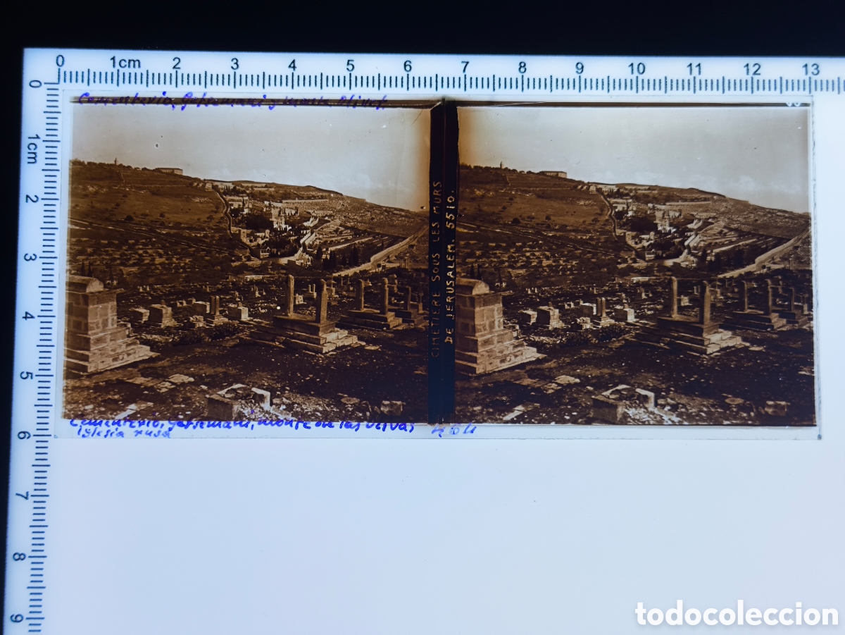 Fotograf&iacute;a antigua: Antigua placa cristal vidrio estereosc&oacute;pico Cementerio Jud&iacute;o Monte de los Olivos Jerusal&eacute;n Palestina
