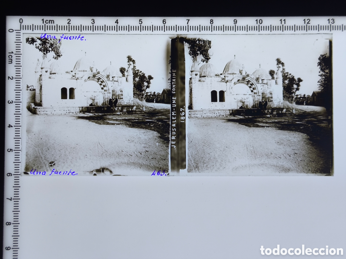 Fotograf&iacute;a antigua: Antigua placa cristal vidrio estereosc&oacute;pico Sabil Abu Nabbut Fuente Pozo de Tabitha Jaffa Palestina
