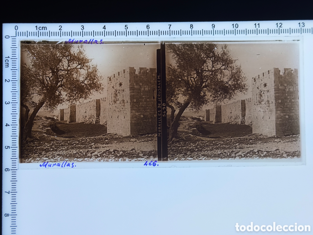 Fotograf&iacute;a antigua: Antigua placa cristal vidrio estereosc&oacute;pico Murallas de la Ciudad Vieja de Jerusal&eacute;n Palestina