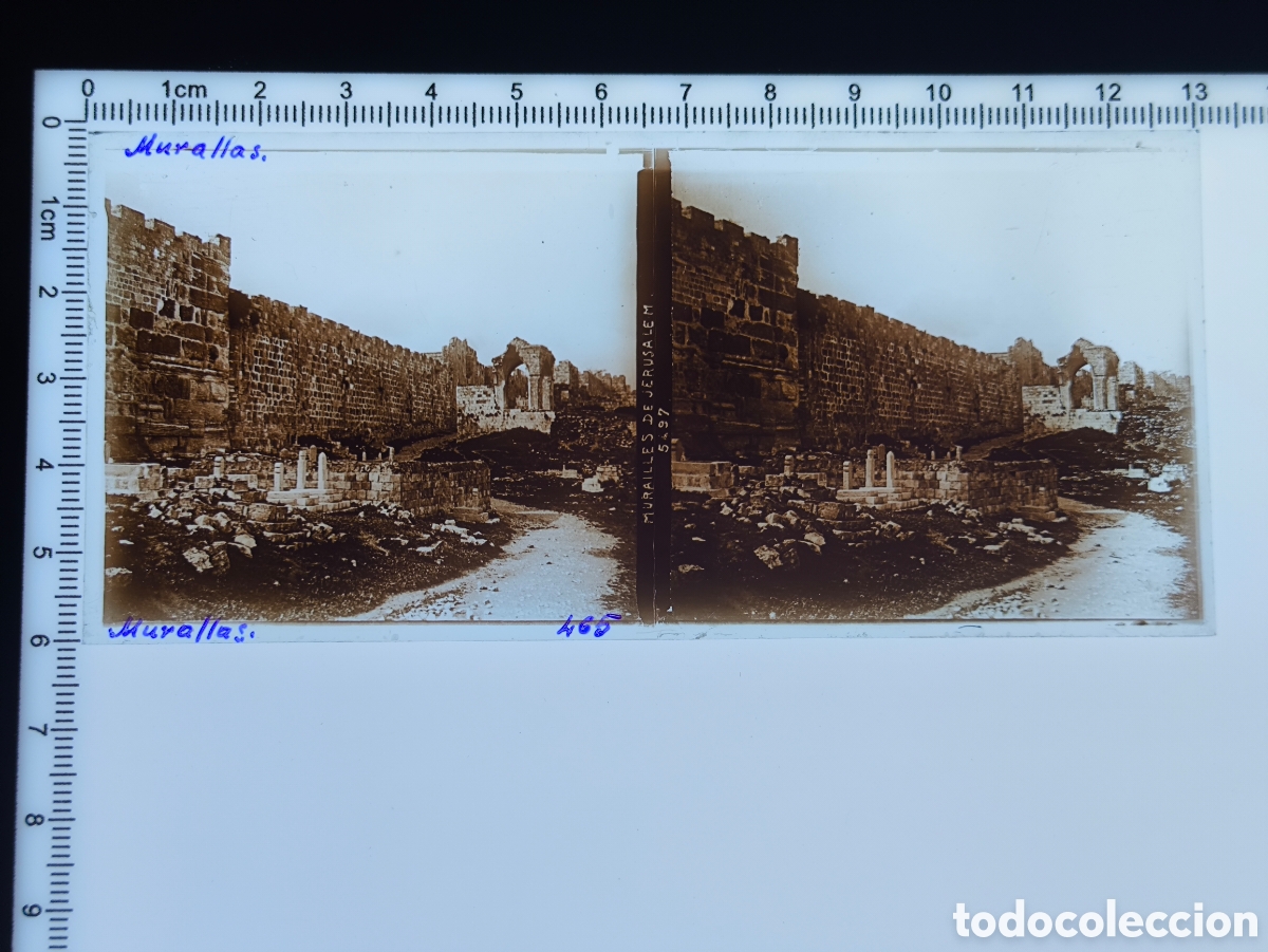 Fotograf&iacute;a antigua: Antigua placa cristal vidrio estereosc&oacute;pico Murallas de la Ciudad Vieja de Jerusal&eacute;n Palestina