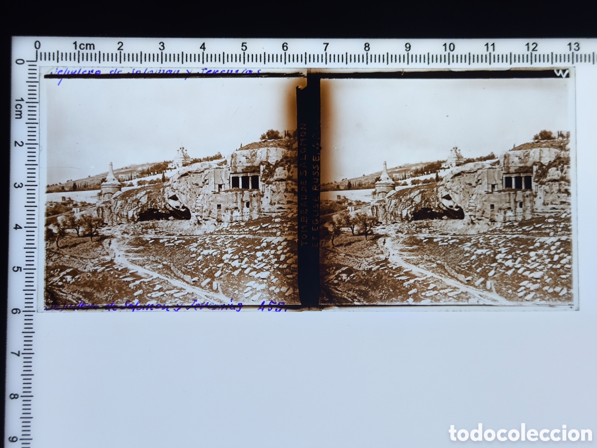 Fotografia antiga: Antigua placa cristal vidrio estereosc&oacute;pico Tumbas Monumentales Valle de Cedr&oacute;n Jerusal&eacute;n Palestina