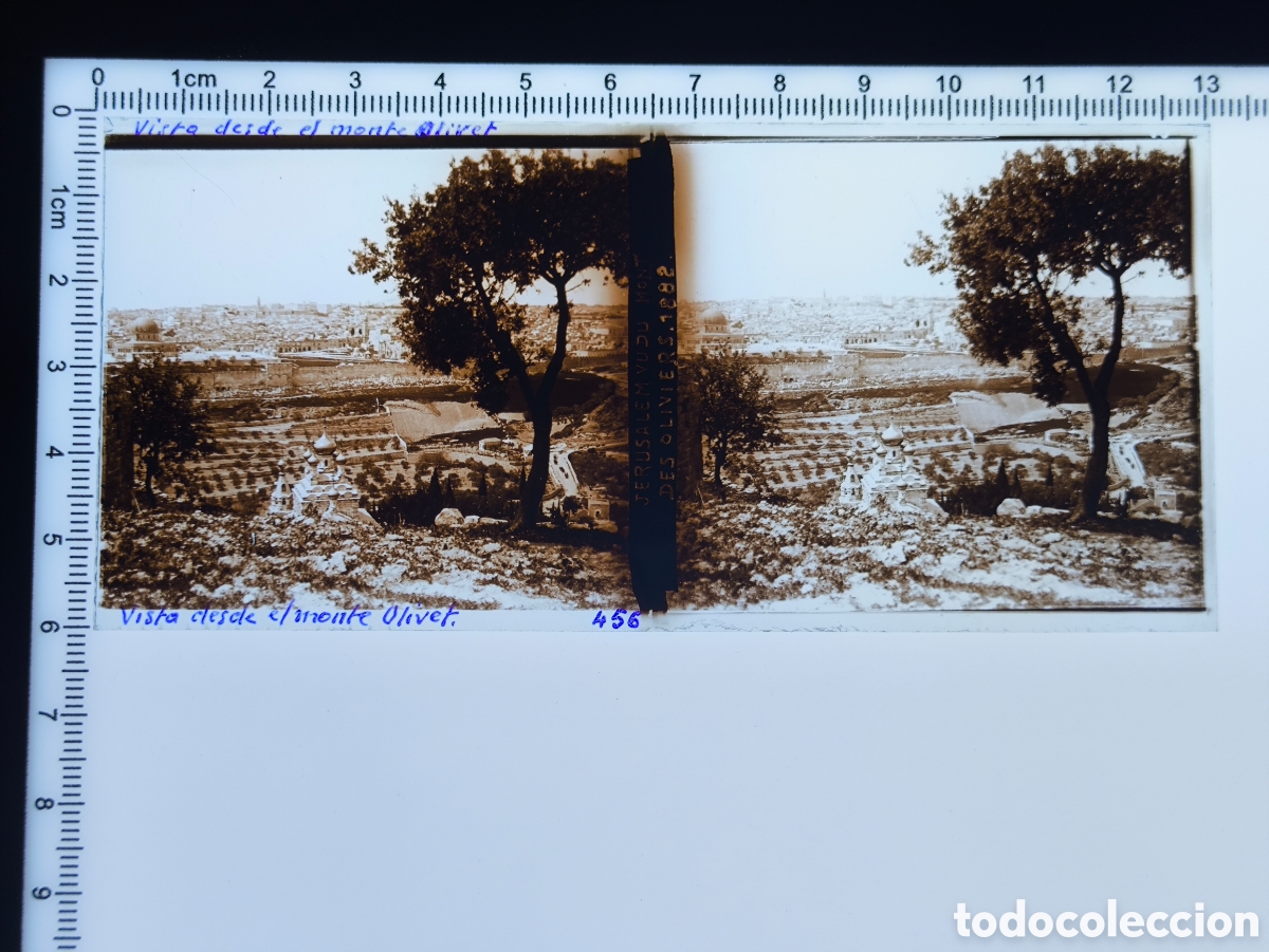 Fotografia antica: Placa cristal vidrio estereosc&oacute;pico Iglesia Rusa Santa Mar&iacute;a Magdalena Muralla Jerusal&eacute;n Palestina