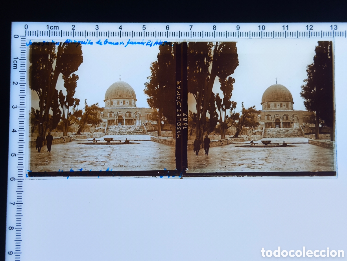 Photographie ancienne: Antigua placa cristal vidrio estereosc&oacute;pico C&uacute;pula de la Roca Explanada de las Mezquitas Jerusal&eacute;n