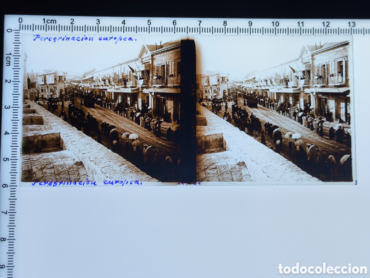 Photographie ancienne: Antigua Placa cristal vidrio estereosc&oacute;pico Peregrinos Europeos Puerta de Jaffa Jerusal&eacute;n Palestina