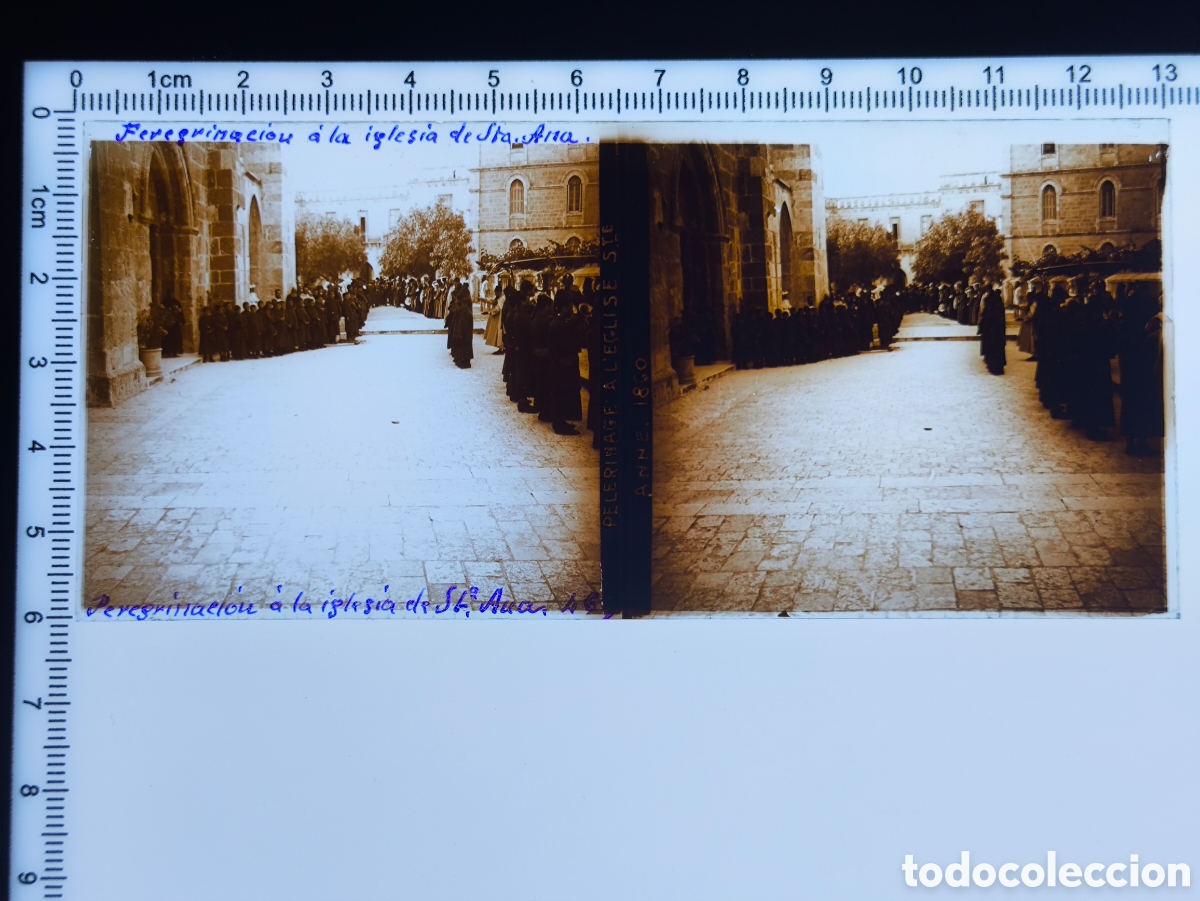 Photographie ancienne: Antigua placa cristal vidrio estereosc&oacute;pico Peregrinaci&oacute;n a Iglesia de Santa Ana Jerusal&eacute;n Palestina