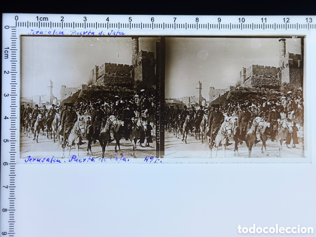 Fotografia antica: Antigua placa cristal vidrio estereosc&oacute;pico Ejercito Turco Puerta de Jaffa Torre de David Jerusal&eacute;n