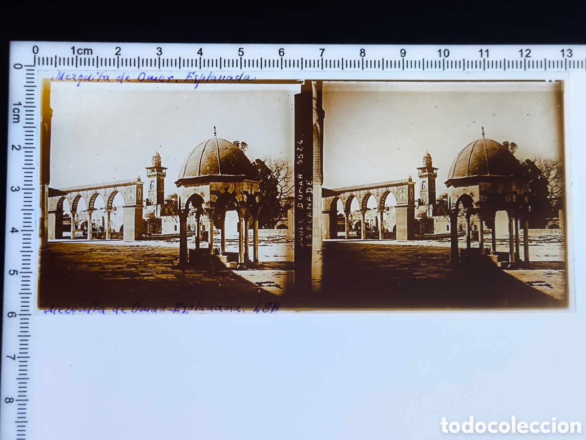Fotograf&iacute;a antigua: Antigua placa cristal vidrio estereosc&oacute;pico C&uacute;pula del Profeta Explanada de las Mezquitas Jerusal&eacute;n