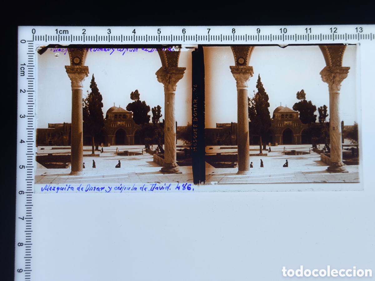 Fotograf&iacute;a antigua: Antigua placa cristal vidrio estereosc&oacute;pico Mezquita de Al-Aqsa Jerusal&eacute;n Palestina