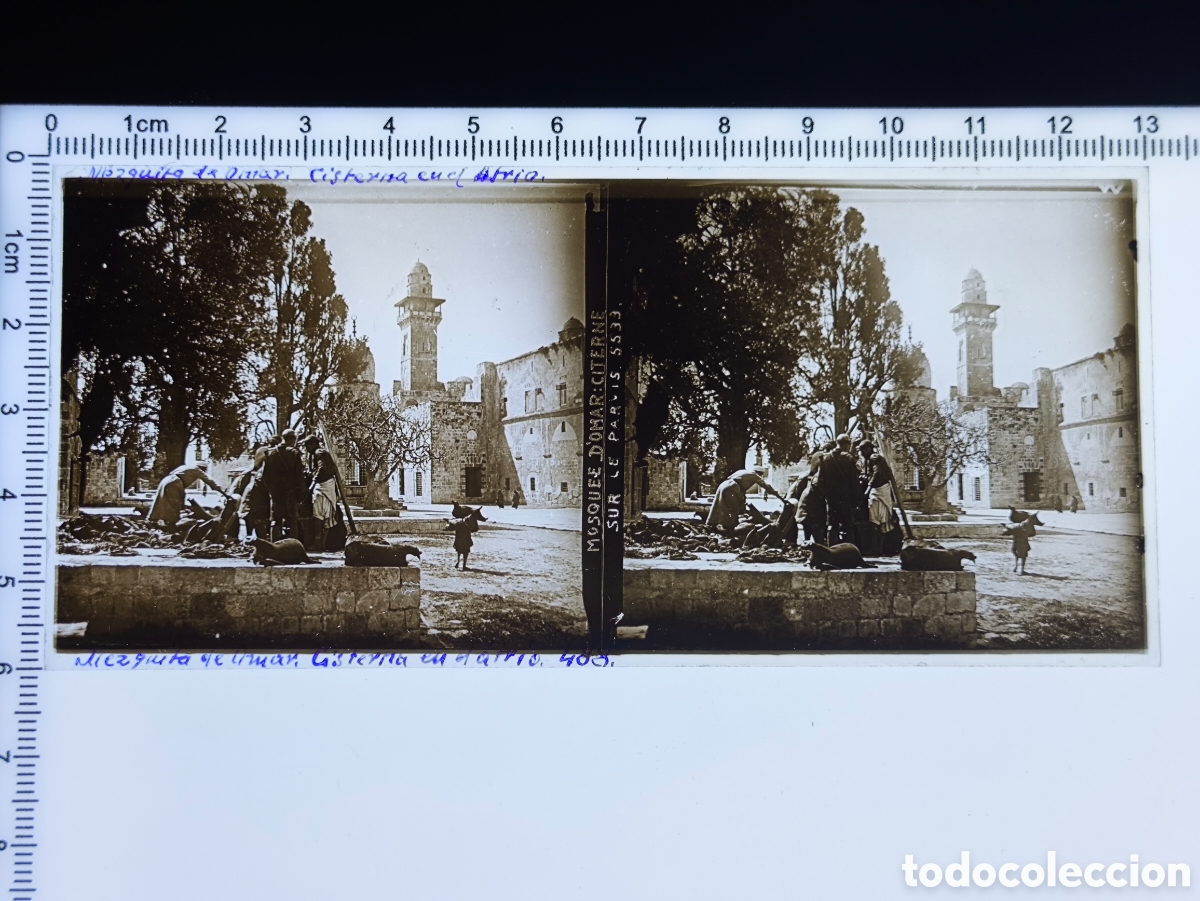 Fotograf&iacute;a antigua: Antigua placa cristal vidrio estereosc&oacute;pico Mezquita de Omar Cisterna en Atrio Jerusal&eacute;n Palestina