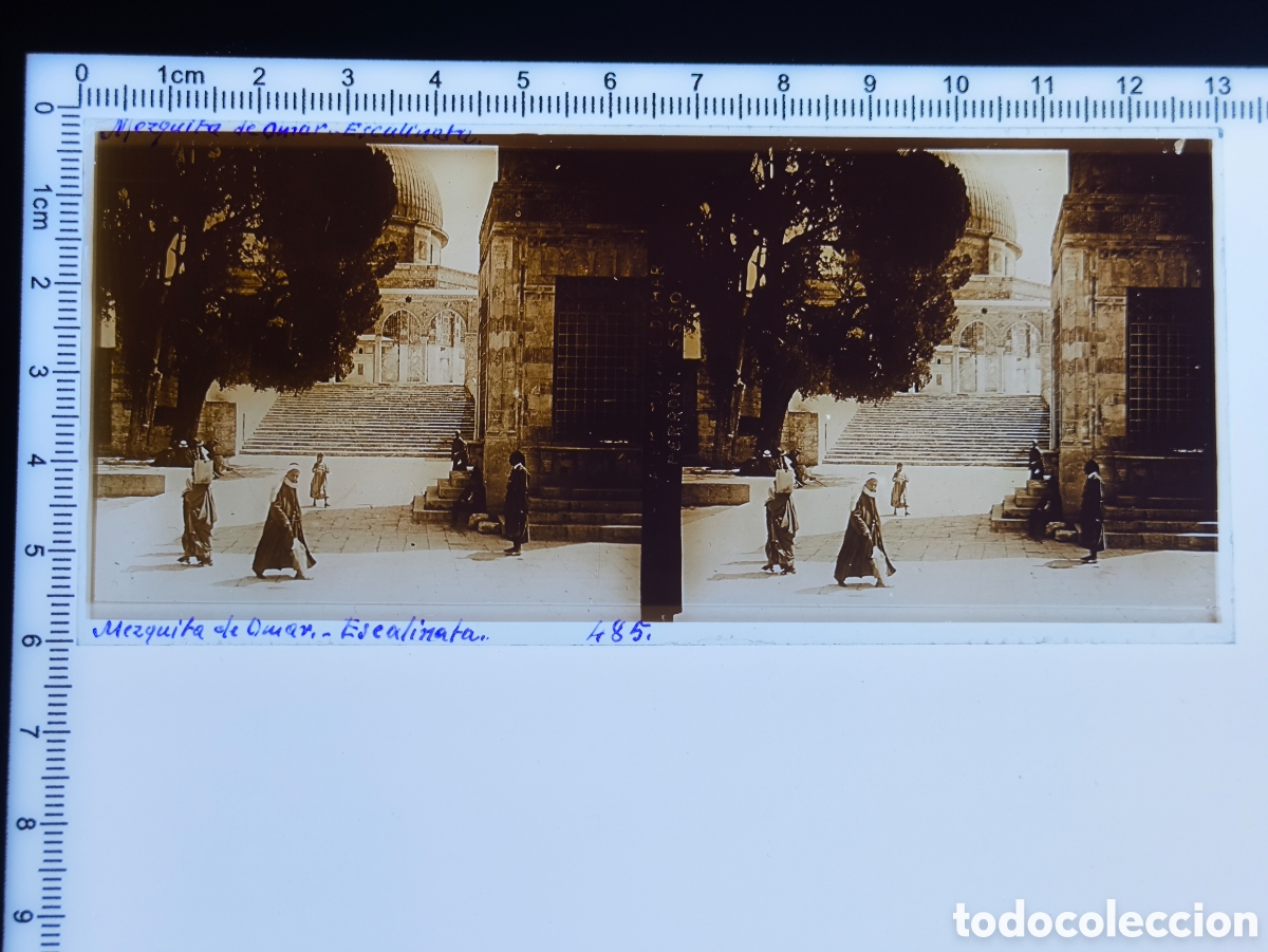 Fotografia antica: Antigua placa cristal vidrio estereosc&oacute;pico C&uacute;pula de la Roca Explanada de las Mezquitas Jerusal&eacute;n