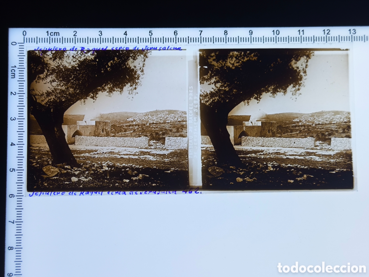 Fotografia antica: Antigua placa cristal vidrio estereosc&oacute;pico Tumba de Raquel Mezquita Bilal bin Rabah Bel&eacute;n Palestina