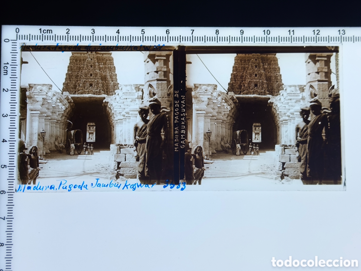 Fotografia antica: Antigua placa cristal vidrio estereosc&oacute;pico Templo Hind&uacute; Jambukeswarar Thiruvanaikaval Madurai India