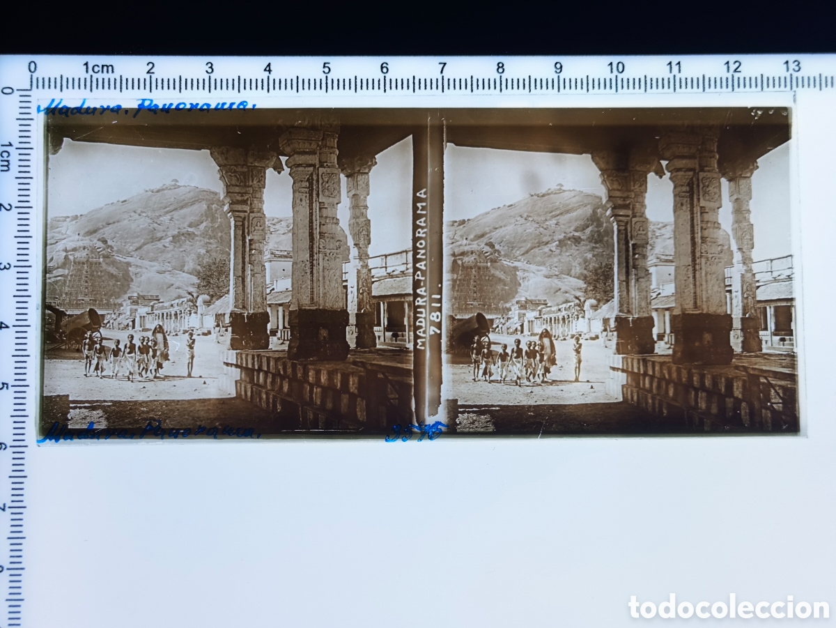 Fotografia antica: Antigua placa cristal vidrio estereosc&oacute;pico Templo Subramaniya Swami Thiruparankundram Madurai India
