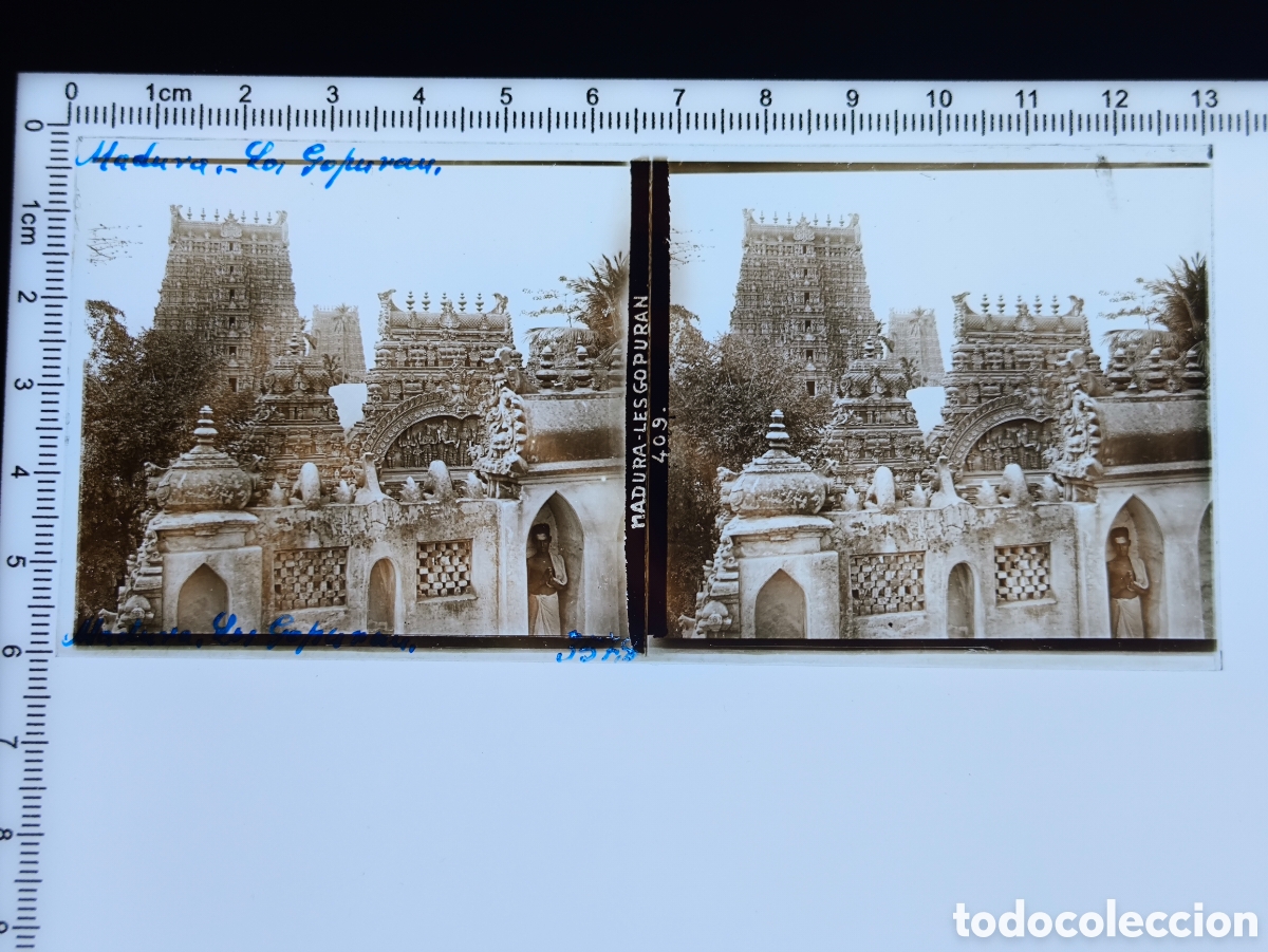 Antique Photography: Antigua placa cristal vidrio estereosc&oacute;pico Torres Gopurams Templo de Meenakshi Amman Madurai India