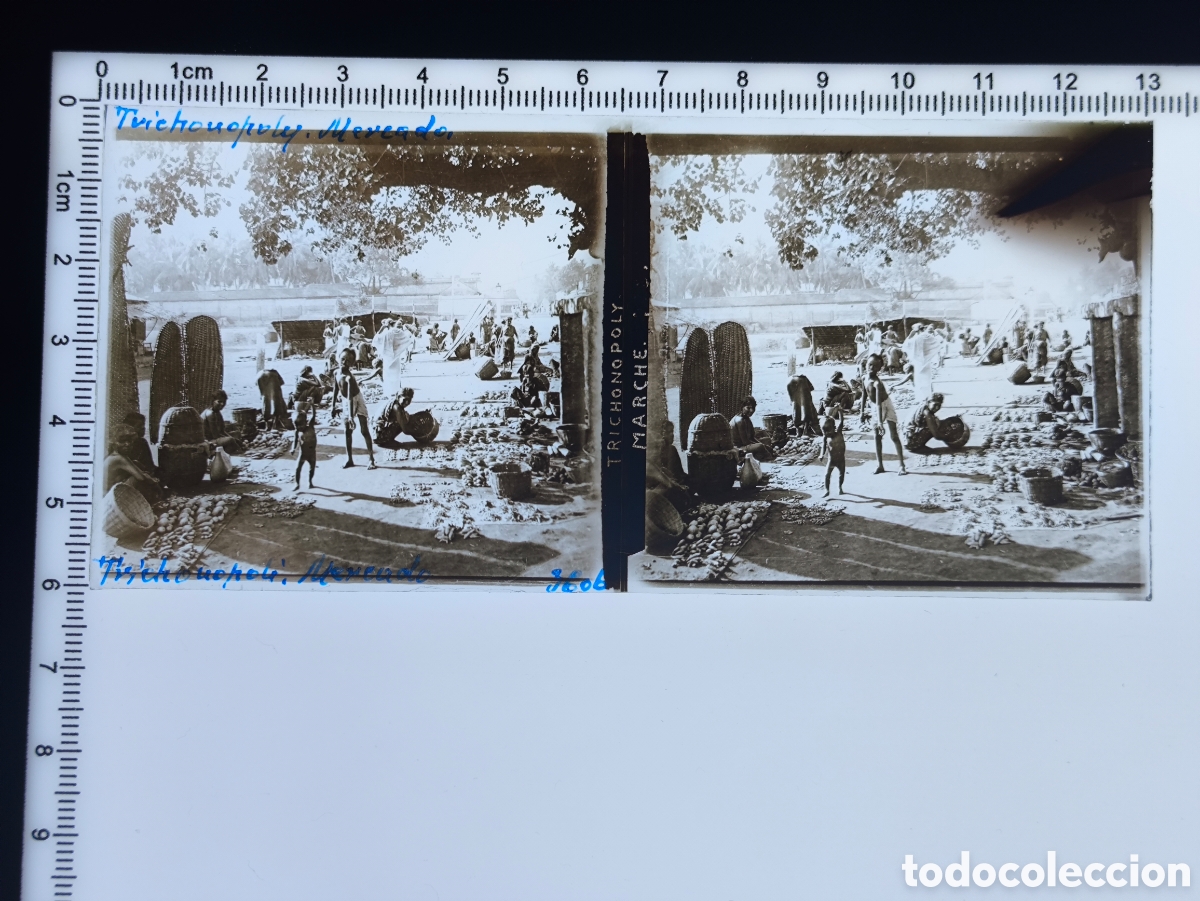 Antique Photography: Antigua placa cristal vidrio estereosc&oacute;pico Mercado Trichinopoly Tiruchirappalli India