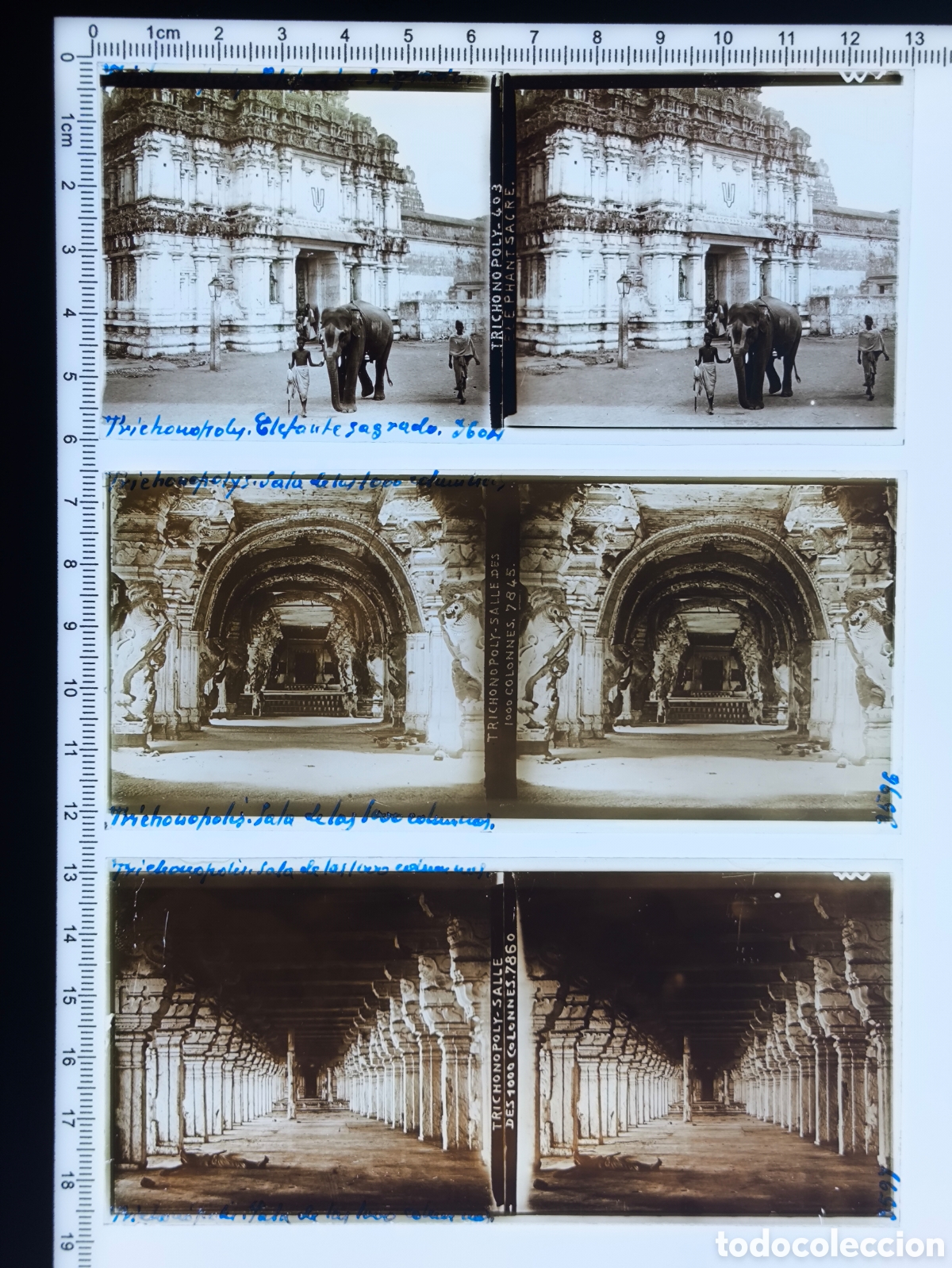 Fotograf&iacute;a antigua: Placas cristal vidrio estereosc&oacute;pico Templo Sri Ranganathaswamy Trichinopoly Tiruchirappalli India