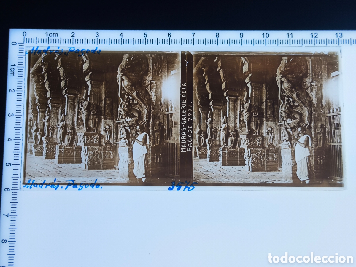 Fotograf&iacute;a antigua: Antigua placa cristal vidrio estereosc&oacute;pico Galer&iacute;a Templo Sri Kapaleeshwarar Madr&aacute;s Chennai India