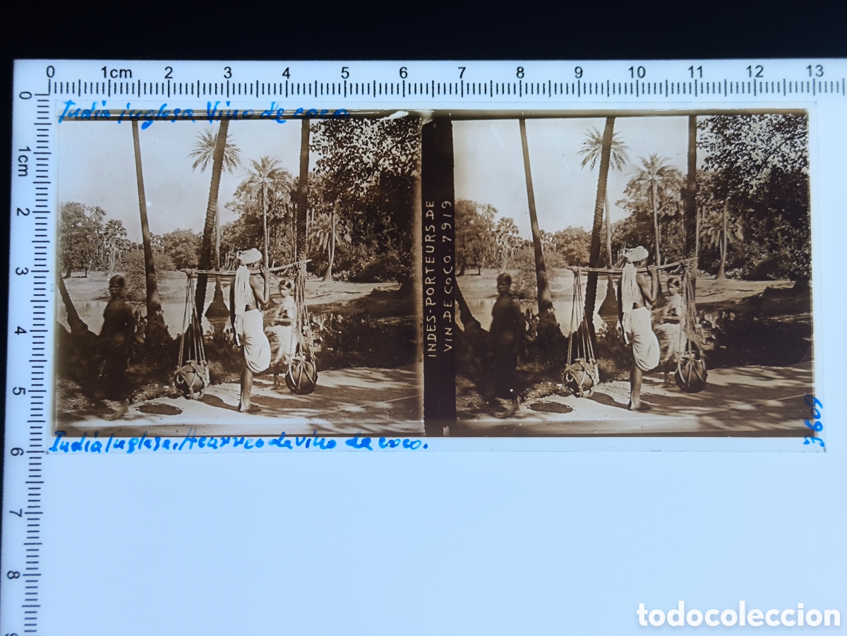 Fotograf&iacute;a antigua: Antigua placa cristal vidrio estereosc&oacute;pico Escena Costumbres Nativos &Eacute;poca Colonial Brit&aacute;nica India