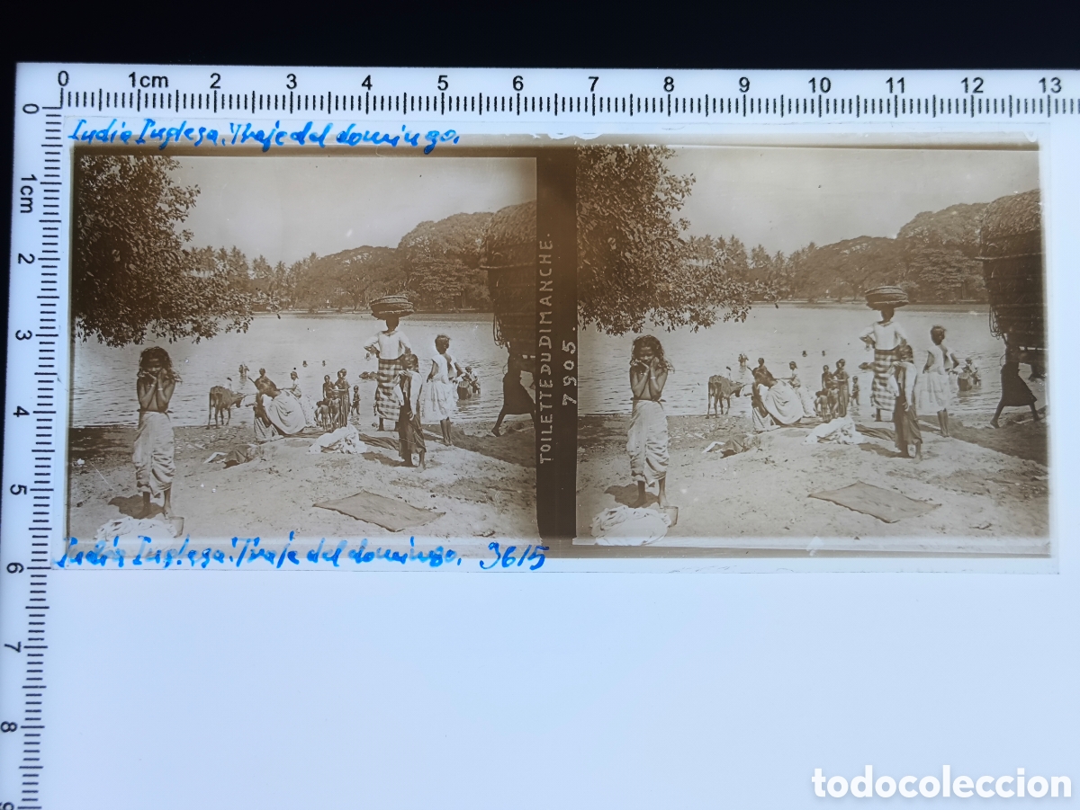 Fotograf&iacute;a antigua: Antigua placa cristal vidrio estereosc&oacute;pico Escena Costumbres Nativos &Eacute;poca Colonial Brit&aacute;nica India
