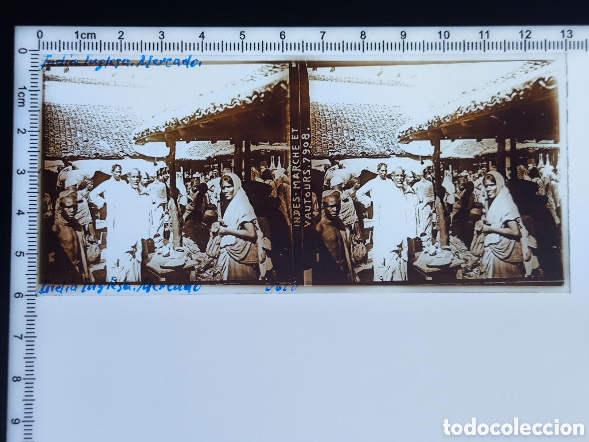 Fotograf&iacute;a antigua: Antigua placa cristal vidrio estereosc&oacute;pico Escena Costumbres Nativos &Eacute;poca Colonial Brit&aacute;nica India