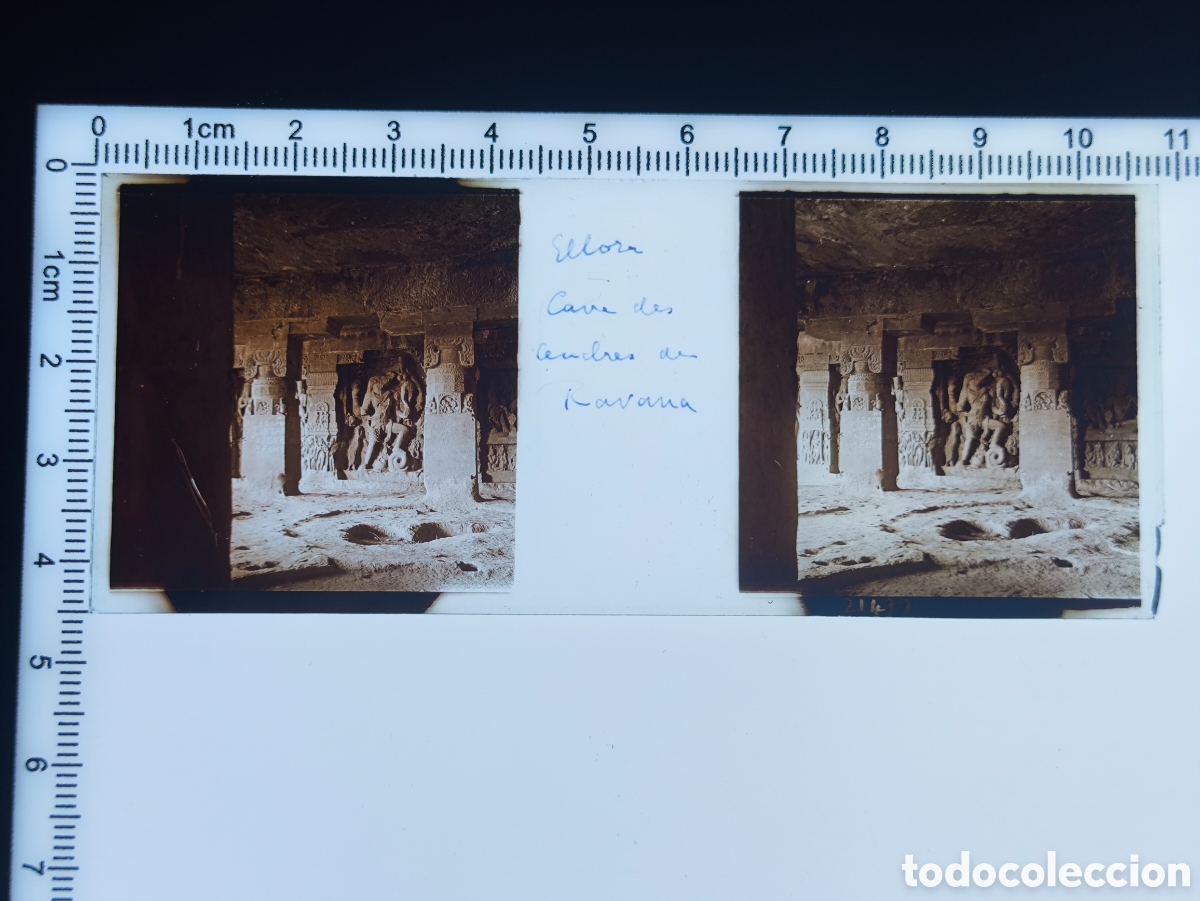 Fotograf&iacute;a antigua: Antigua placa cristal vidrio estereosc&oacute;pico Templo Cueva Ravana Ka Khai Ellora India