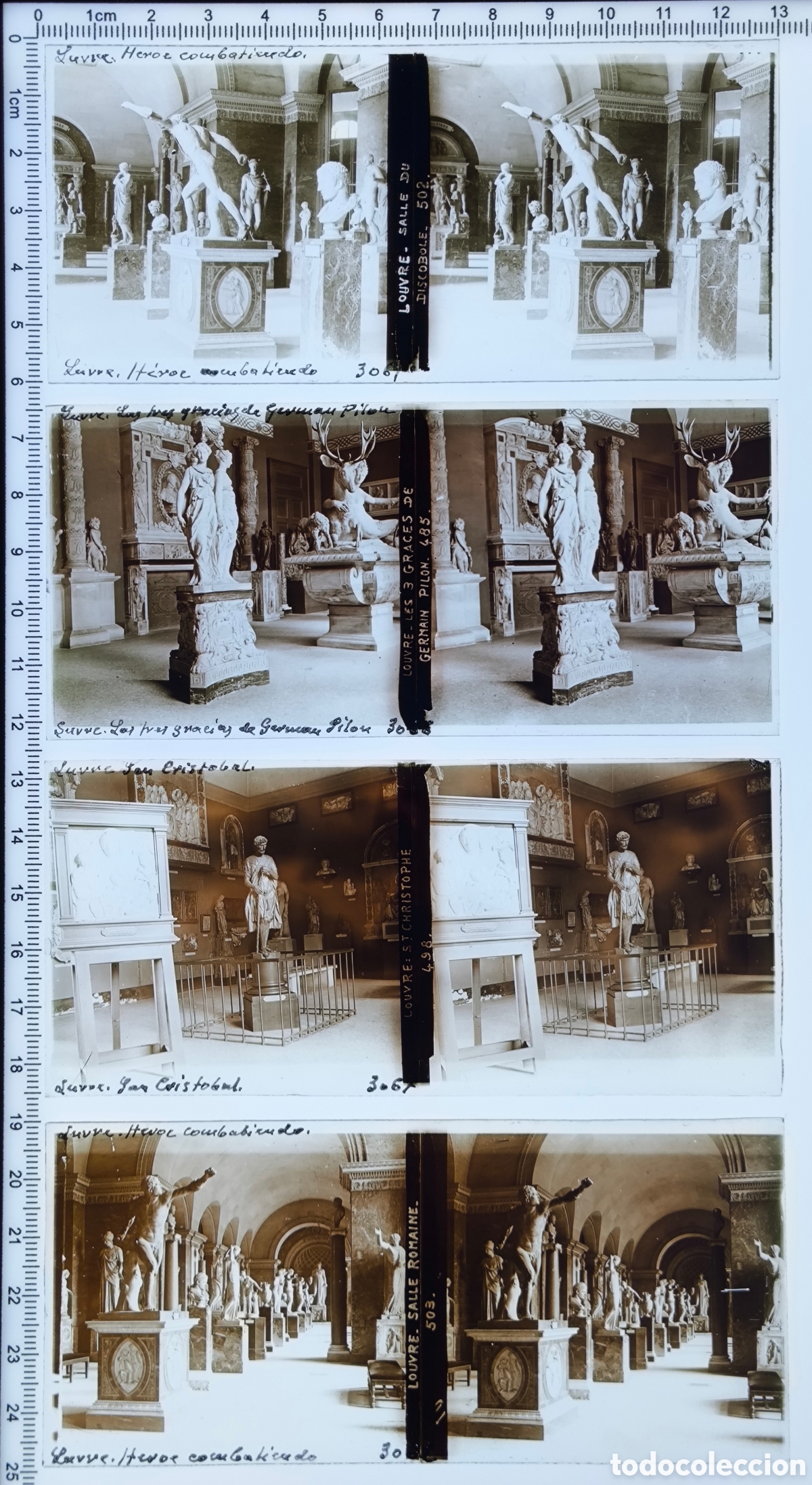 Fotograf&iacute;a antigua: 12 Antiguas placas cristal vidrio estereosc&oacute;pico Salas y Galer&iacute;as con Esculturas Museo Louvre Par&iacute;s