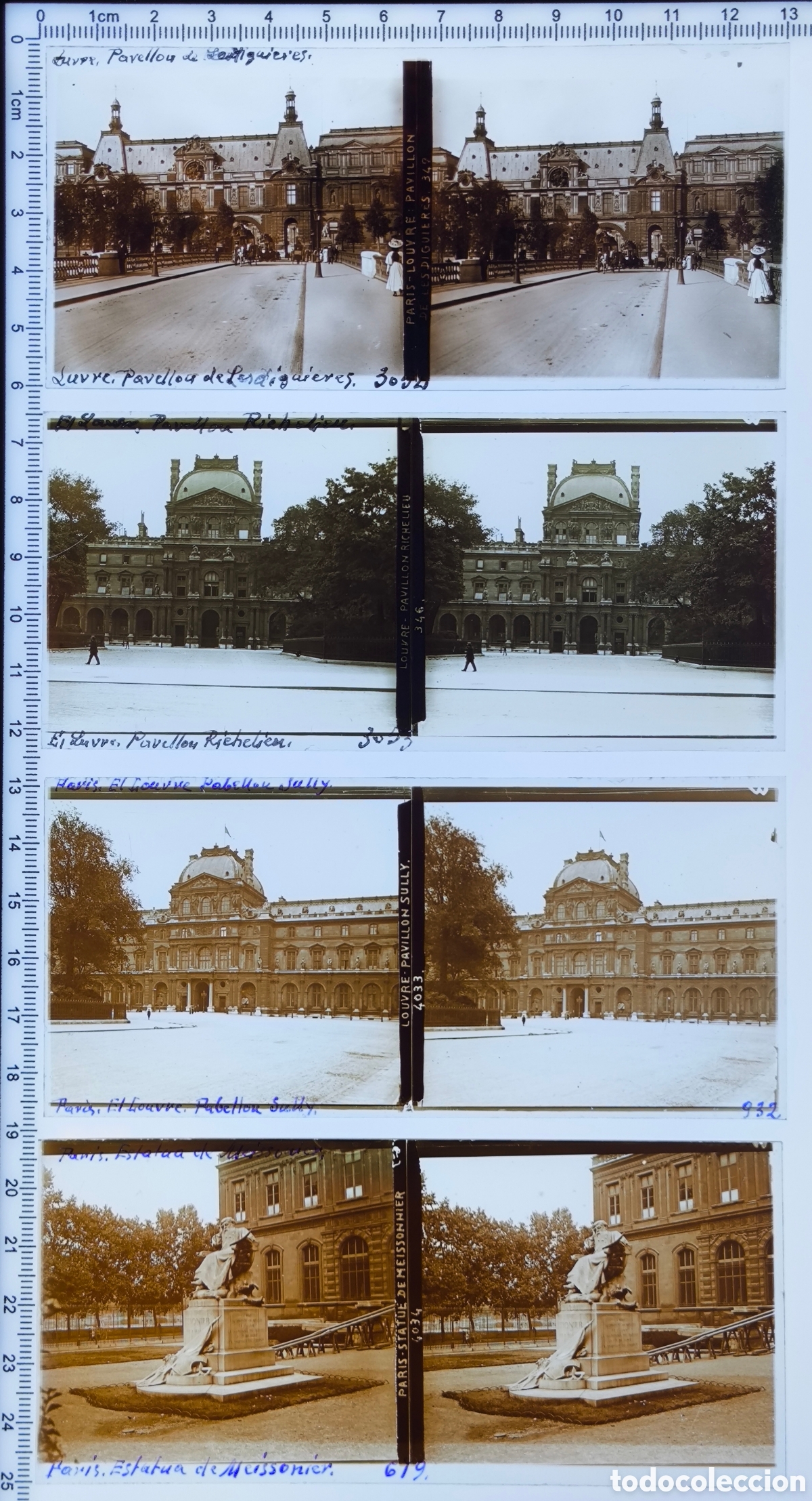 Fotograf&iacute;a antigua: Antiguas placas cristal vidrio estereosc&oacute;pico Pabellones Sully Richelieu Lesdiguieres Louvre Par&iacute;s
