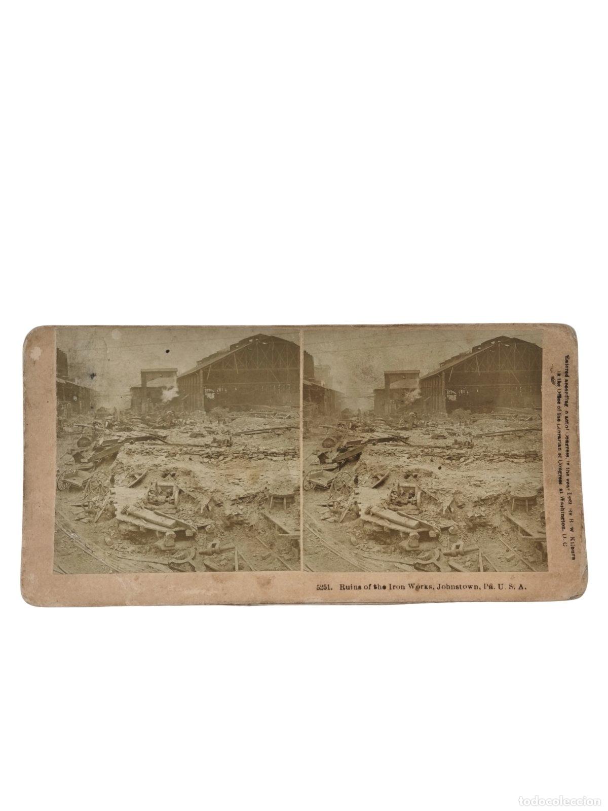 Fotograf&iacute;a antigua: Foto Estereosc&oacute;pica Antigua. Ruins of the Iron Works Johnstown Pa U.S.A. Gran Inundaci&oacute;n de 1889 Des
