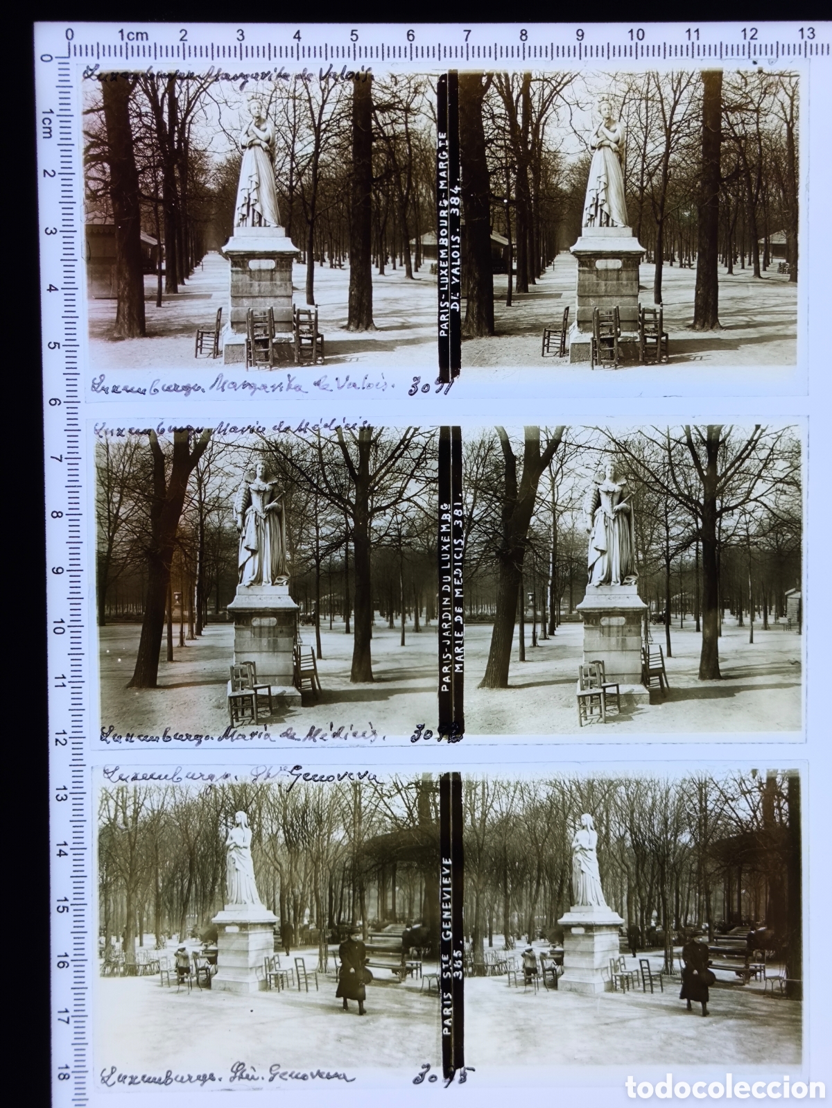 Alte Fotografie: Antiguas placas cristal vidrio estereosc&oacute;pico Estatuas Jard&iacute;n Museo de Luxemburgo Par&iacute;s Francia