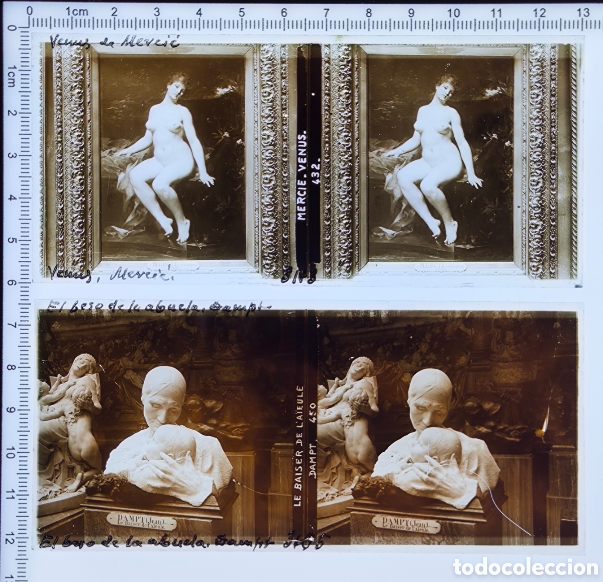 Fotografia antiga: Antiguas placas cristal vidrio estereosc&oacute;pico El beso de la abuela Venus Mercie Museo d'Orsay Par&iacute;s