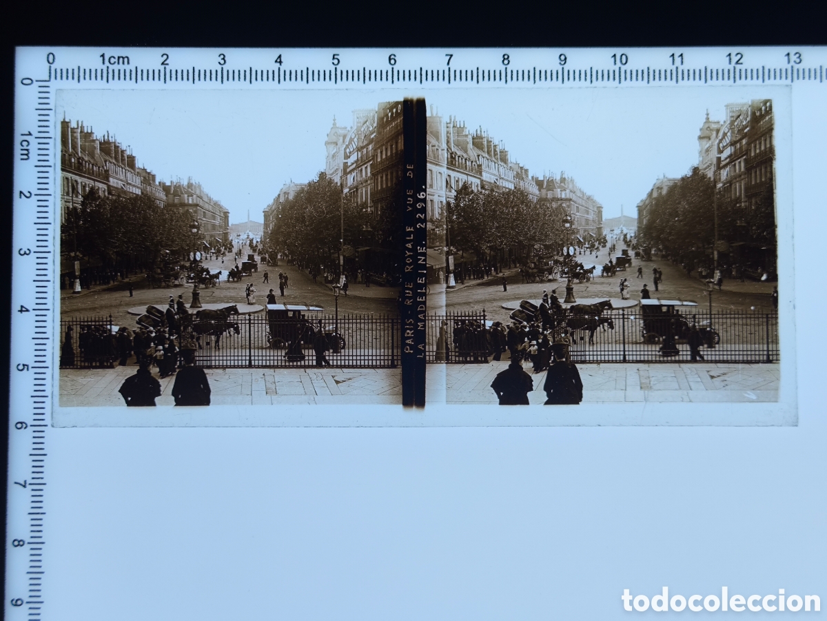 Fotografia antiga: Antigua placa cristal vidrio estereosc&oacute;pico Rue Royale vista desde la Iglesia de la Madeleine Par&iacute;s
