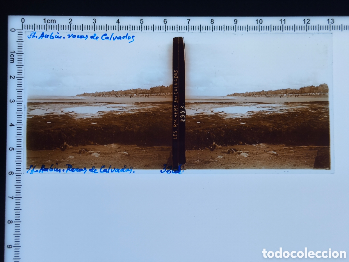 Fotografia antiga: Antigua placa cristal vidrio estereosc&oacute;pico Costa Rocosa y Playa de Calvados en Normand&iacute;a Francia