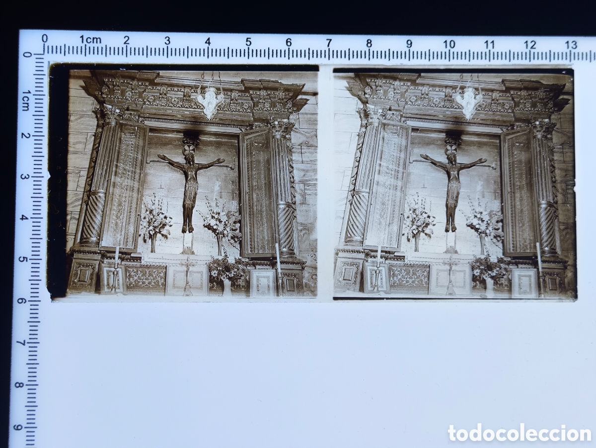 Fotograf&iacute;a antigua: Antigua placa cristal vidrio estereosc&oacute;pico Retablo del Cristo Iglesia San Pedro de la R&uacute;a Estella