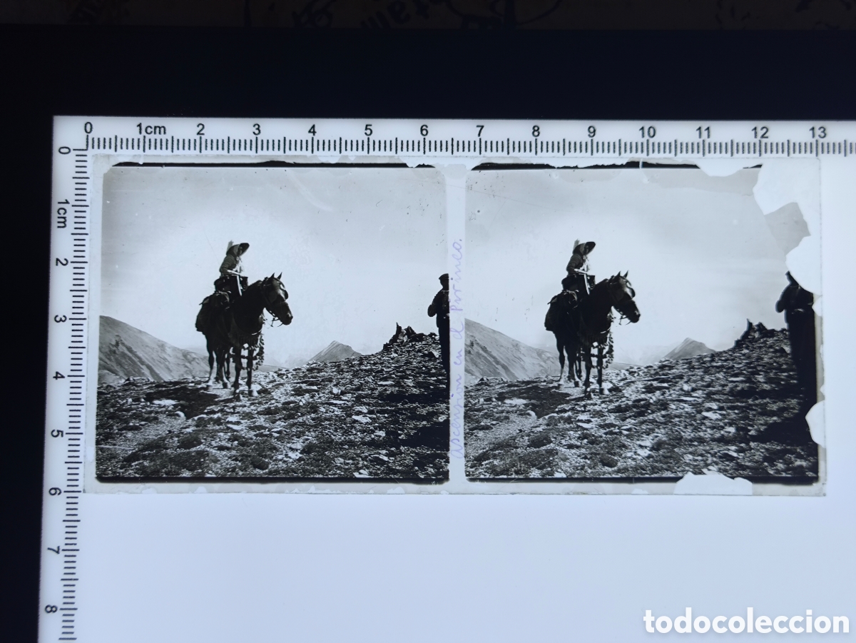 Alte Fotografie: Antigua placa cristal vidrio estereosc&oacute;pico Mujer a Caballo inscripci&oacute;n Ascensi&oacute;n en el Pirineo