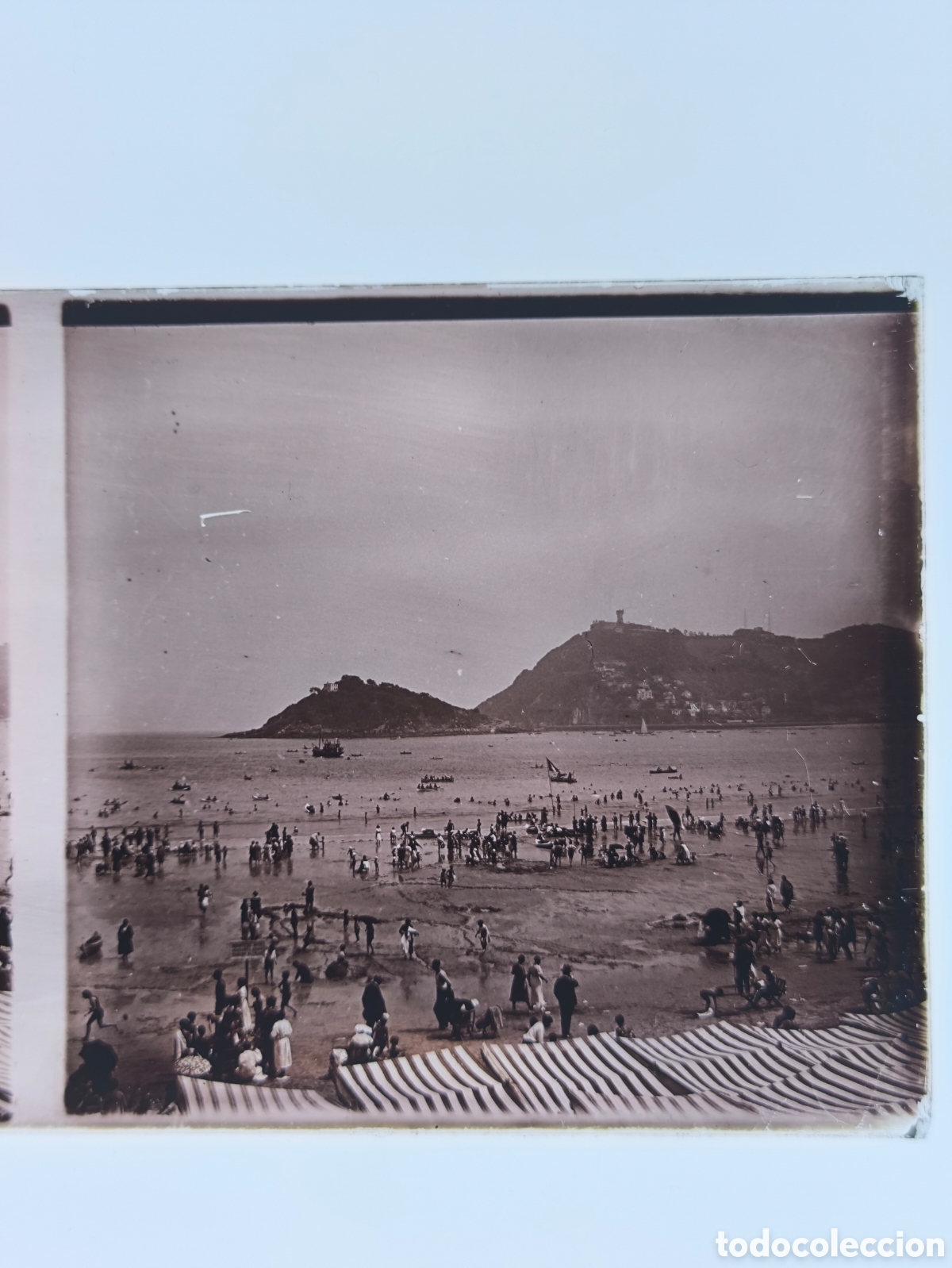 Fotograf&iacute;a antigua: Placa cristal vidrio estereosc&oacute;pico Playa de la Concha Monte Urgull Isla Santa Clara San Sebasti&aacute;n