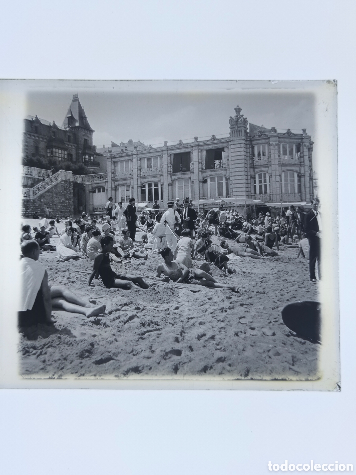 Fotograf&iacute;a antigua: Antigua placa cristal vidrio estereosc&oacute;pico Playa de la Concha Balneario La Perla San Sebasti&aacute;n