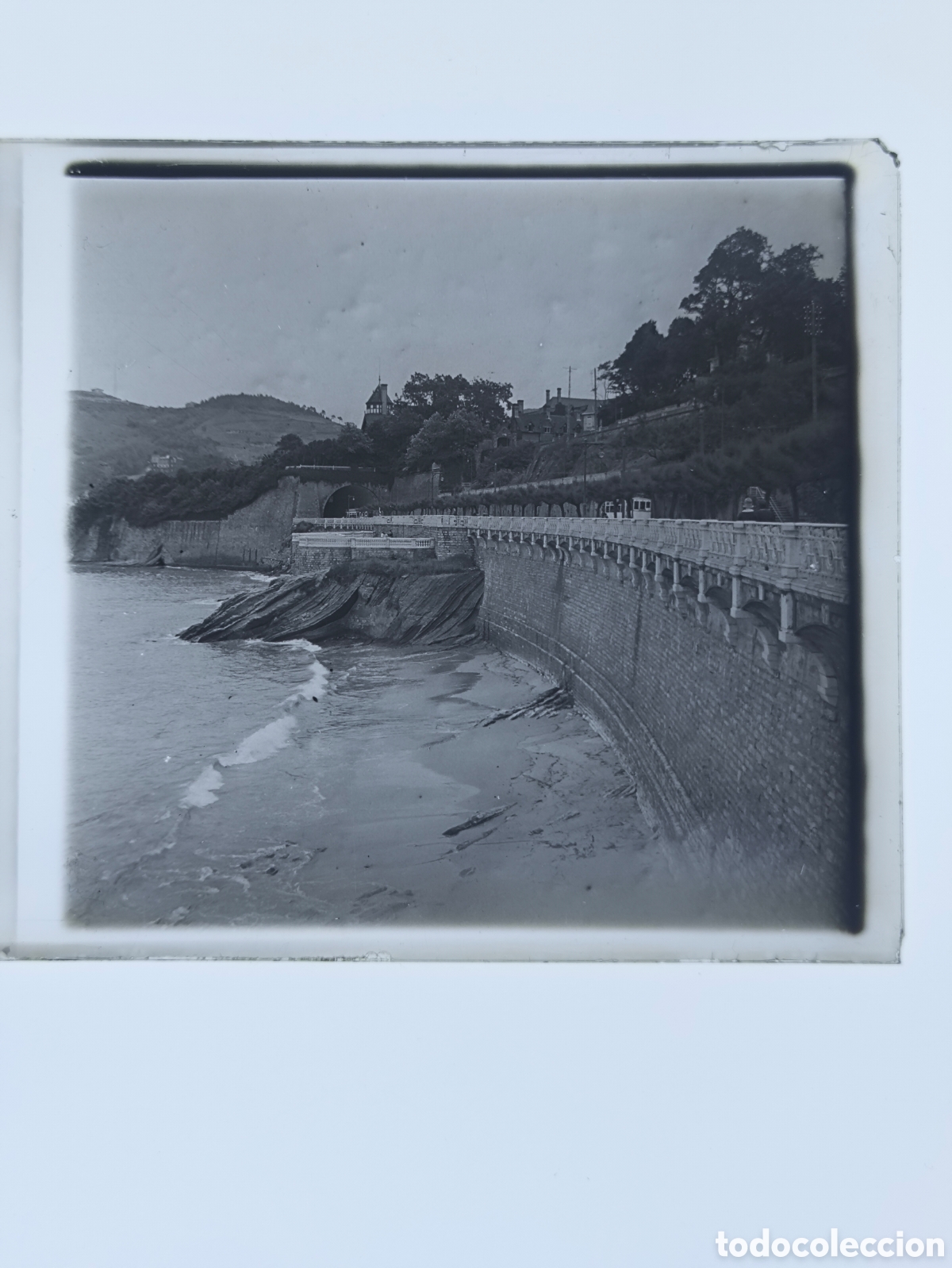Fotograf&iacute;a antigua: Antigua placa cristal vidrio estereosc&oacute;pico Paseo de La Concha y T&uacute;nel del Antiguo San Sebasti&aacute;n