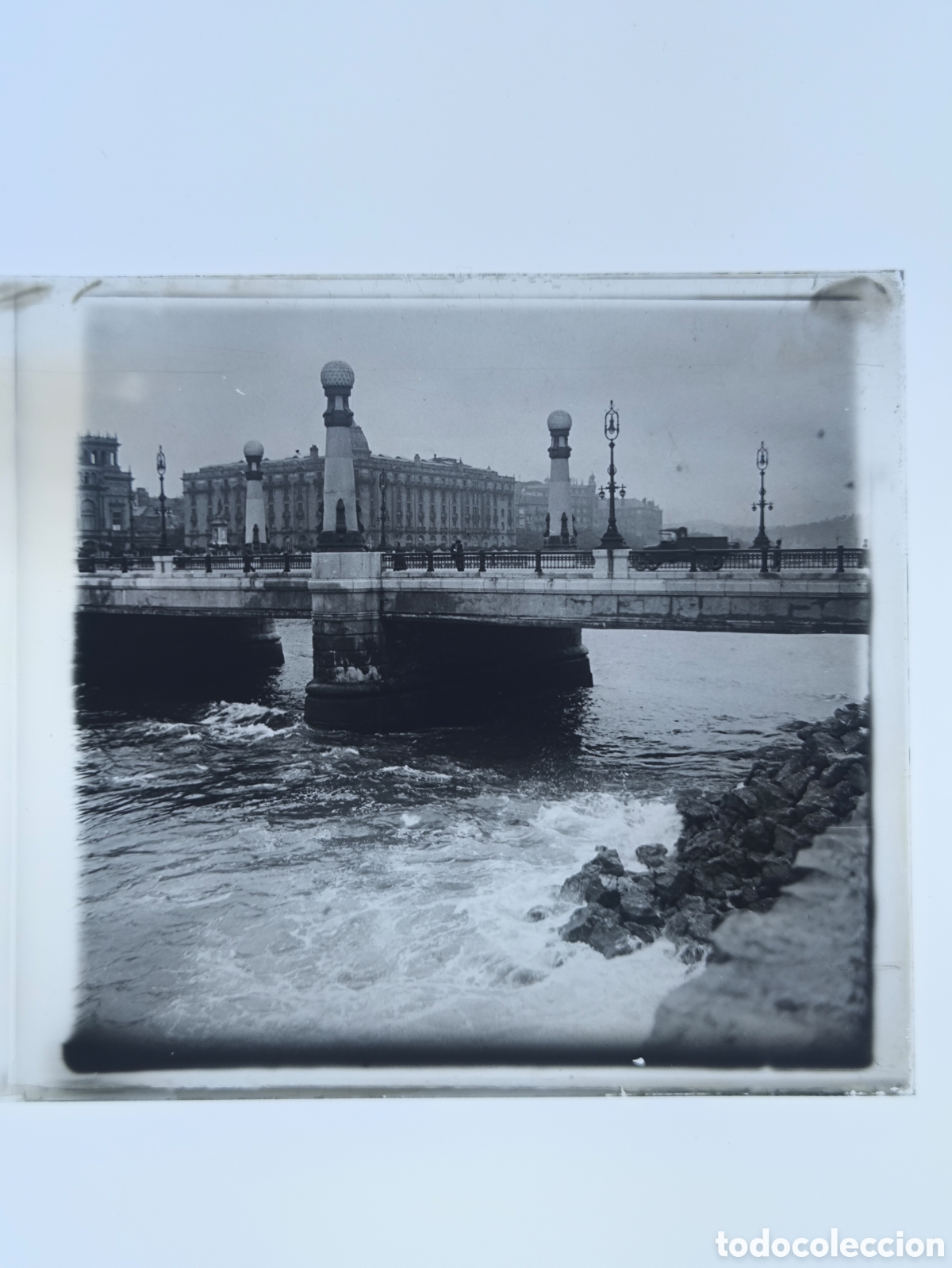 Fotograf&iacute;a antigua: Antigua placa cristal vidrio estereosc&oacute;pico Puente de la Zurriola Puente del Kursaal San Sebasti&aacute;n
