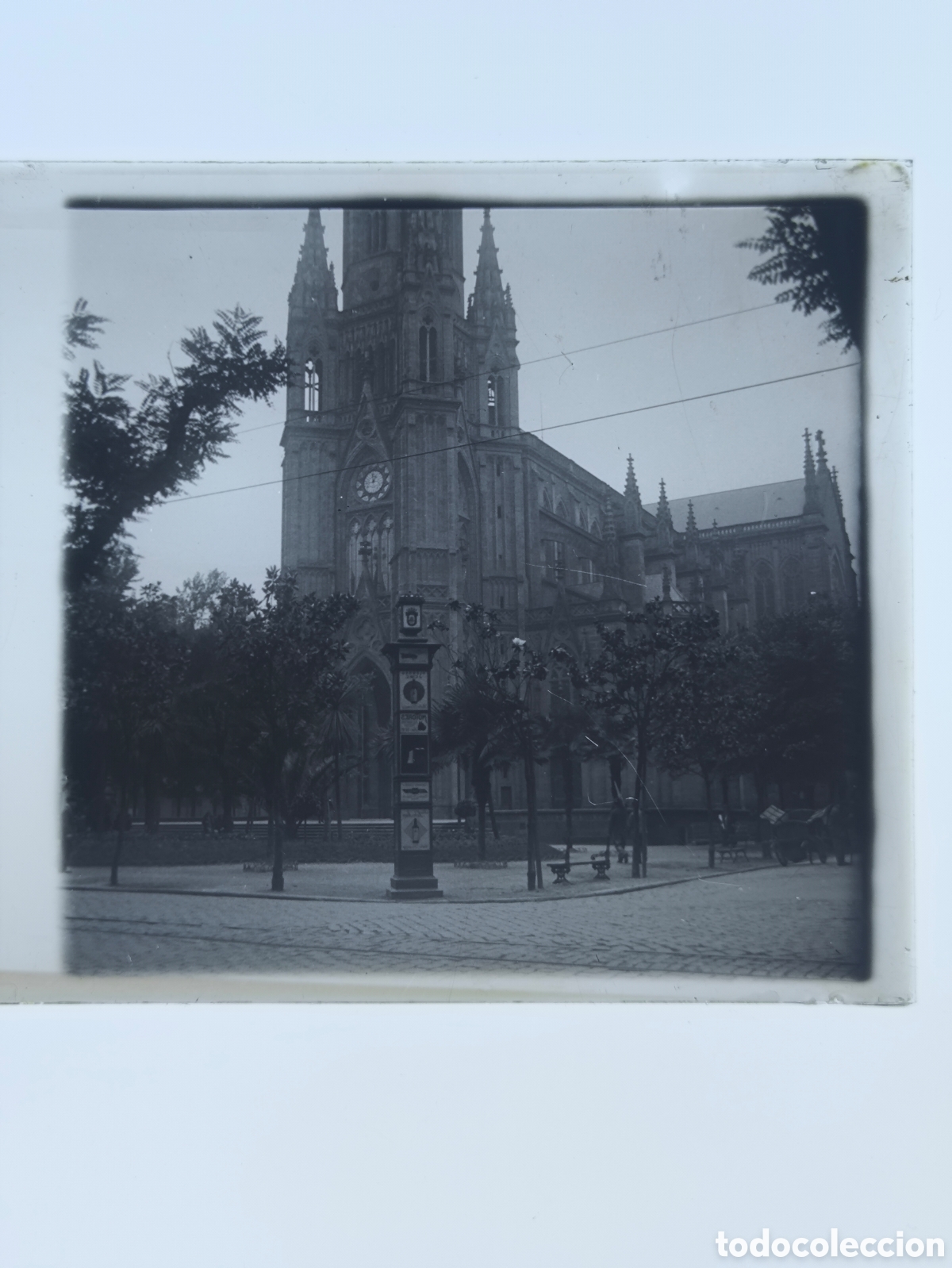 Fotograf&iacute;a antigua: Antigua placa cristal vidrio estereosc&oacute;pico Catedral del Buen Pastor San Sebasti&aacute;n